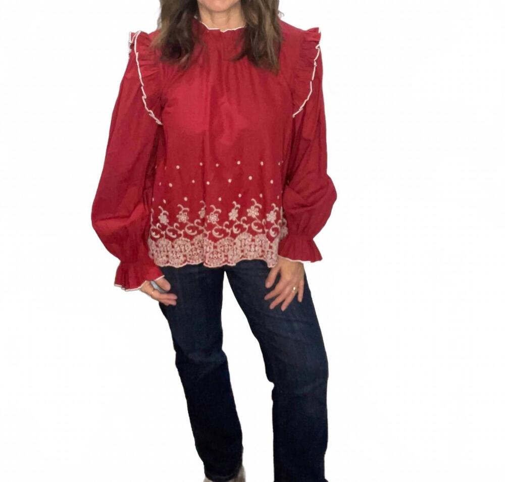 NEW &MERCI embroidered eyelet ruffled top in burgundy berry